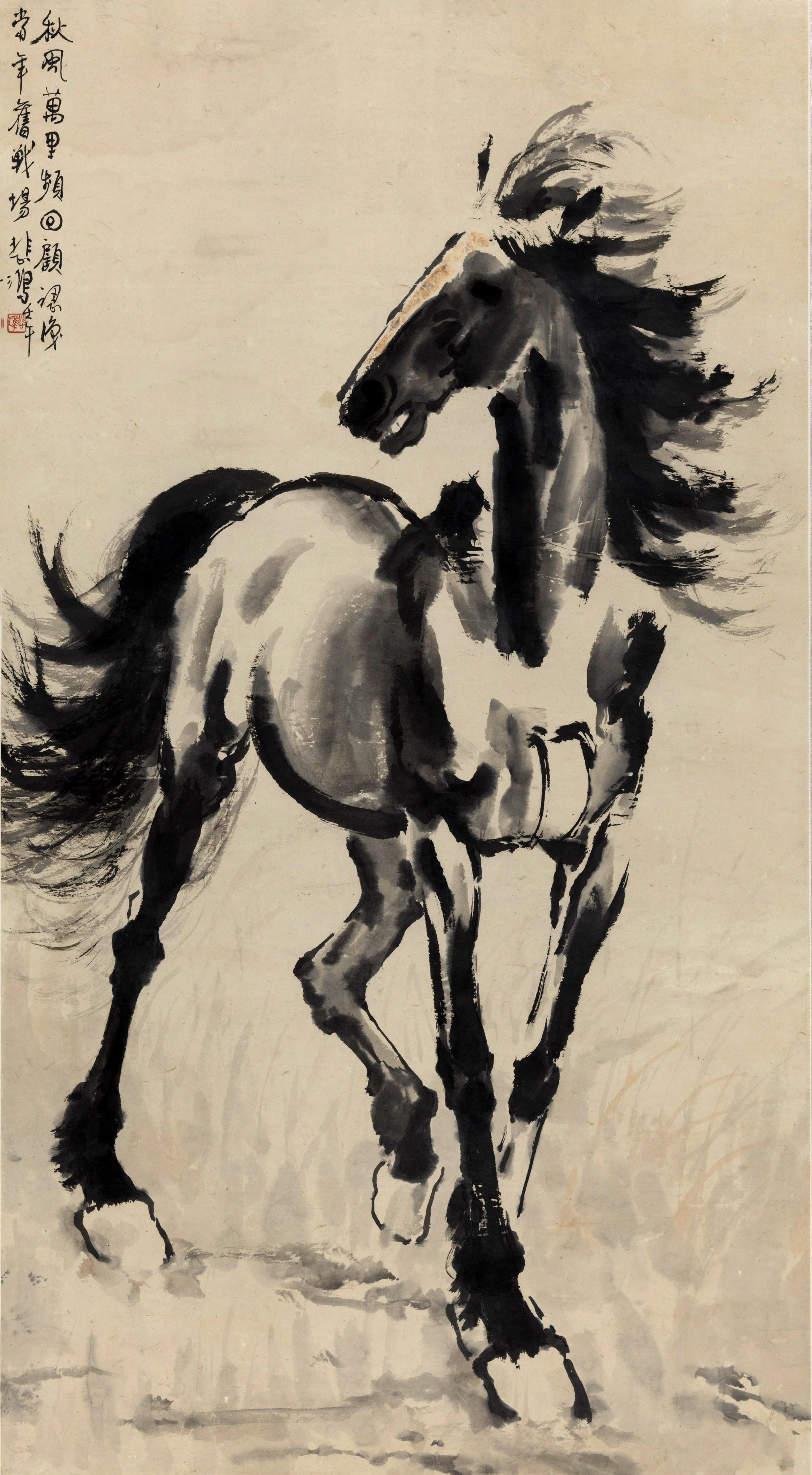 <h2>战马</h2><p>作者：徐悲鸿</p><p>创作年代：1942年</p><p>规格：110.5×61.3cm</p><p>品类：纸本设色</p>